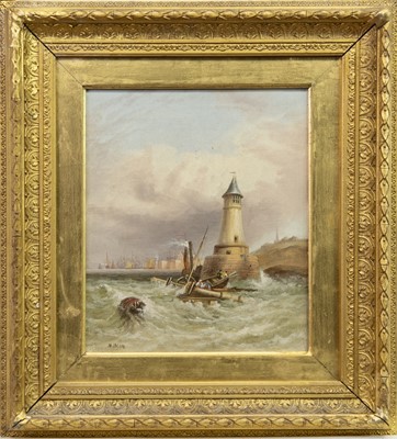 Lot 132 - THE ENTRANCE TO THE PORT OF BERWICK, AN OIL BY MARTIN M JACOBI