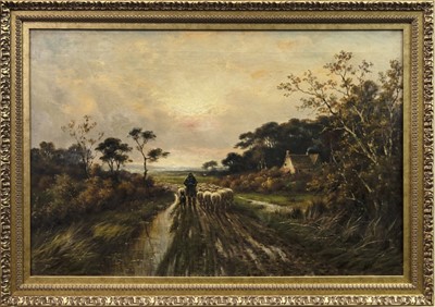 Lot 124 - SHEPHERD WITH HIS FLOCK, AN OIL BY HARRY RAMSAY TAYLOR