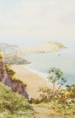 Lot 129 - ST IVES HARBOUR FROM THE HILL, A WATERCOLOUR BY ALFRED J WARNE BROWNE