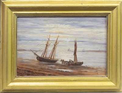 Lot 126 - SHORE SCENE WITH BOATS, FIGURES AND CART, AN OIL BY JANET JOHNSTON
