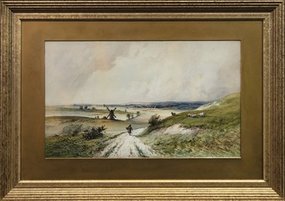Lot 204 - RURAL SCENE WITH FIGURES AND WINDMILL, A WATERCOLOUR BY EDWIN ST JOHN
