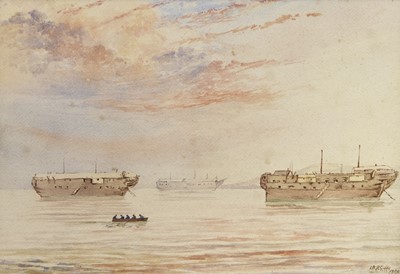 Lot 115 - HULKS MOORED IN AN ESTUARY, A WATERCOLOUR BY I W B GIBBS