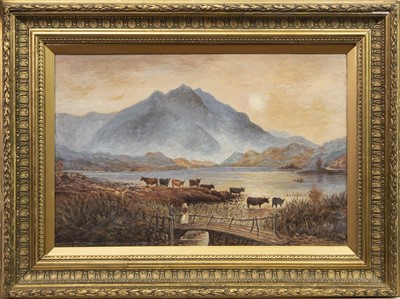 Lot 113 - HIGHLAND LOCH SCENE, AN OIL BY WILLIAM R WRIGHT