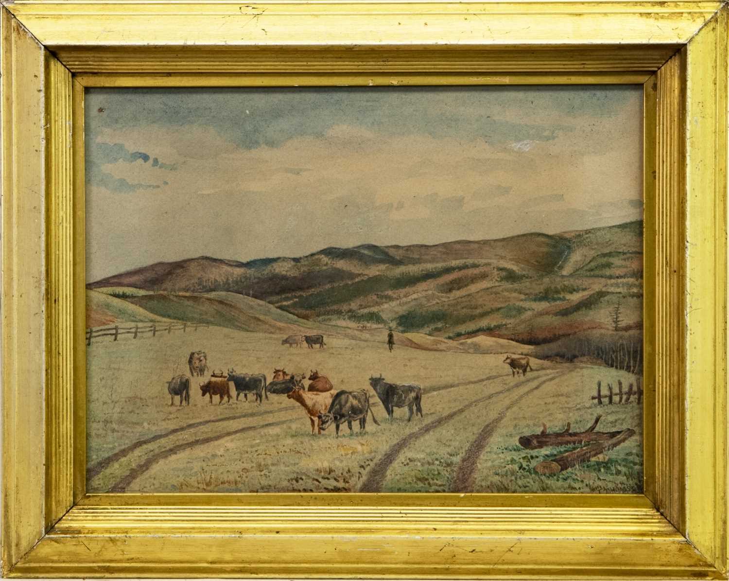Lot 47 - COWHERD WITH CATTLE, A WATERCOLOUR BY THOMAS JOHN THOMSON