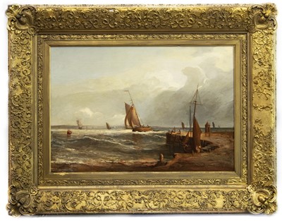 Lot 48 - PIER WITH SHIPPING OFFSHORE, AN OIL BY JOHN JAMES WILSON
