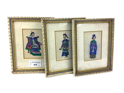 Lot 828 - A SET OF THREE INDIAN MINIATURE PAINTINGS ON RICE PAPER