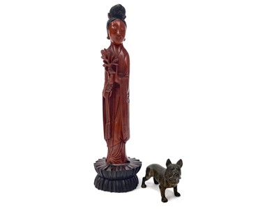 Lot 841 - A 20TH CENTURY CHINESE LACQUERED FIGURE AND TWO BRONZE DOGS