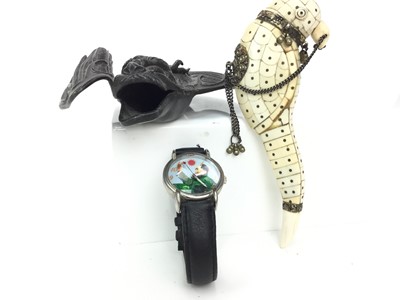 Lot 857 - A CHINESE BRONZED METAL STYLISED BAT, A BONE MODEL OF A BIRD AND A CHINESE WATCH