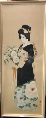Lot 863 - A JAPANESE WOODBLOCK PRINT AND TWO PAINTINGS