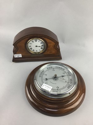 Lot 359 - AN EARLY 20TH CENTURY INLAID MANTEL CLOCK, A BAROMETER AND TWO PAIRS OF BOOKENDS