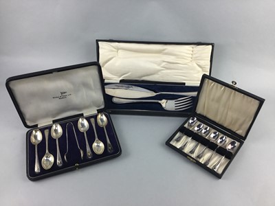 Lot 360 - A SET OF SIX SILVER TEASPOONS AND TONGS ALONG WITH TWO CASED PLATE SETS