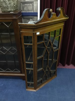 Lot 363 - A 19TH CENTURY MAHOGANY WALL HANGING CORNER DISPLAY CABINET