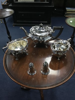 Lot 305 - A SILVER PLATED THREE PIECE TEA SERVICE AND OTHER ITEMS