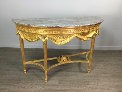 Lot 1203 - A LATE 19TH CENTURY GILTWOOD DEMI LUNE CONSOLE TABLE OF LOUIS XVI DESIGN