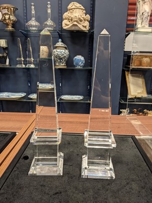 Lot 1223 - A PAIR OF VICTORIAN CLEAR GLASS OBELISKS