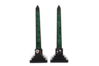 Lot 1234 - A PAIR OF VICTORIAN  BLACK SLATE AND MALACHITE OBELISKS, ALONG WITH A PAIR OF CANDLESTICKS