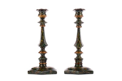 Lot 1234 - A PAIR OF VICTORIAN  BLACK SLATE AND MALACHITE OBELISKS, ALONG WITH A PAIR OF CANDLESTICKS