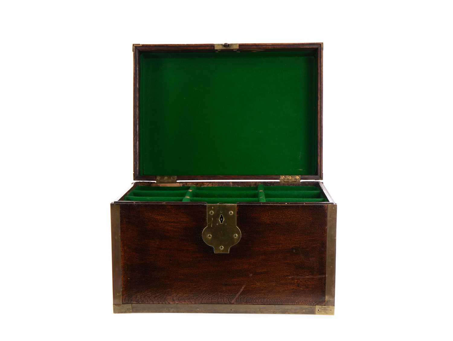Lot 1235 - A 19TH CENTURY STAINED OAK AND BRASS BOUND DECANTER BOX