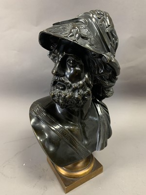 Lot 1240 - A LATE 19TH CENTURY BRONZE BUST OF AJAX AFTER GIACOMO
