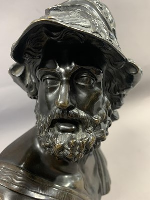 Lot 1240 - A LATE 19TH CENTURY BRONZE BUST OF AJAX AFTER GIACOMO