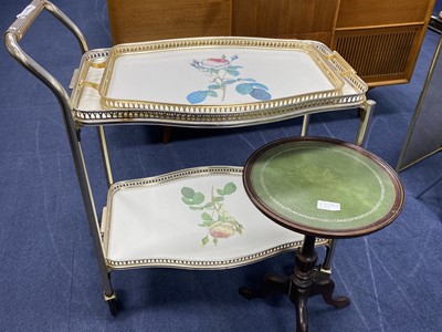 Lot 374 - A TUBULAR METAL TROLLEY, SERVING TRAY AND A WINE TABLE