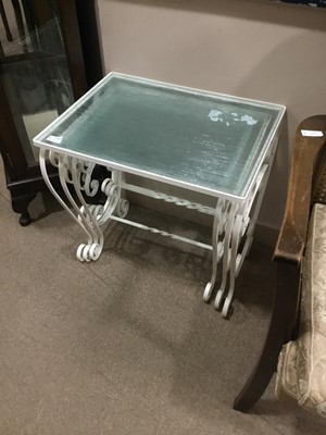 Lot 377 - A NEST OF THREE WROUGHT METAL TABLES, OCCASIONAL TABLE AND A CHAIR