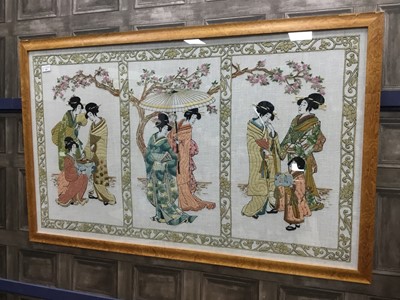 Lot 381 - AN EMBROIDERED TRIPTYCH OF GEISHA GIRLS