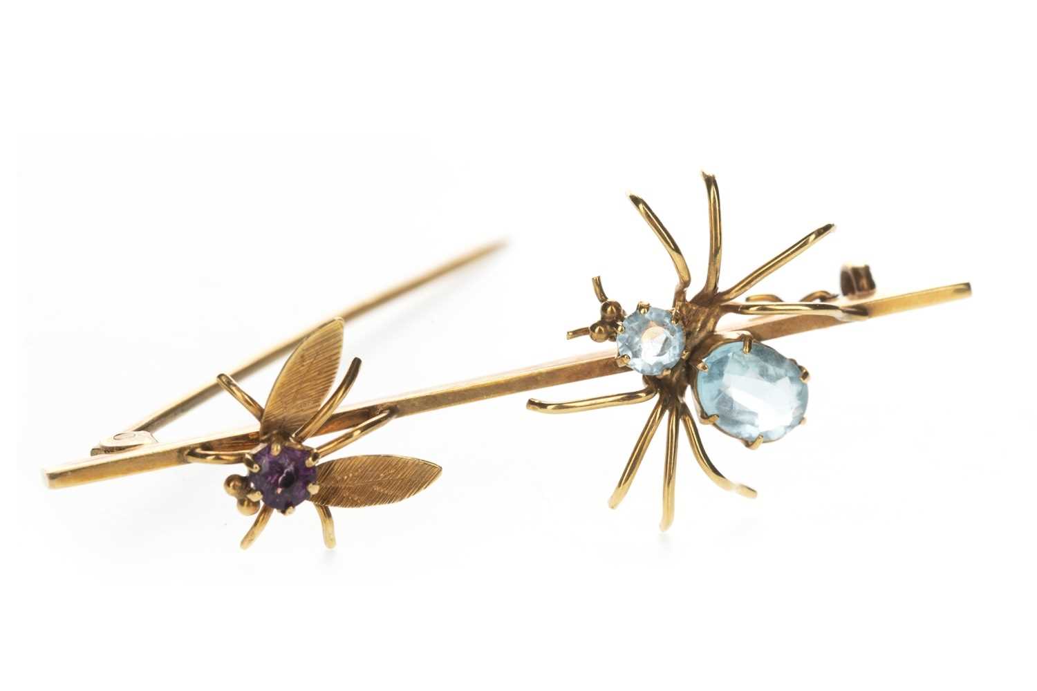 Lot 329 - A GEM SET SPIDER AND FLY BROOCH