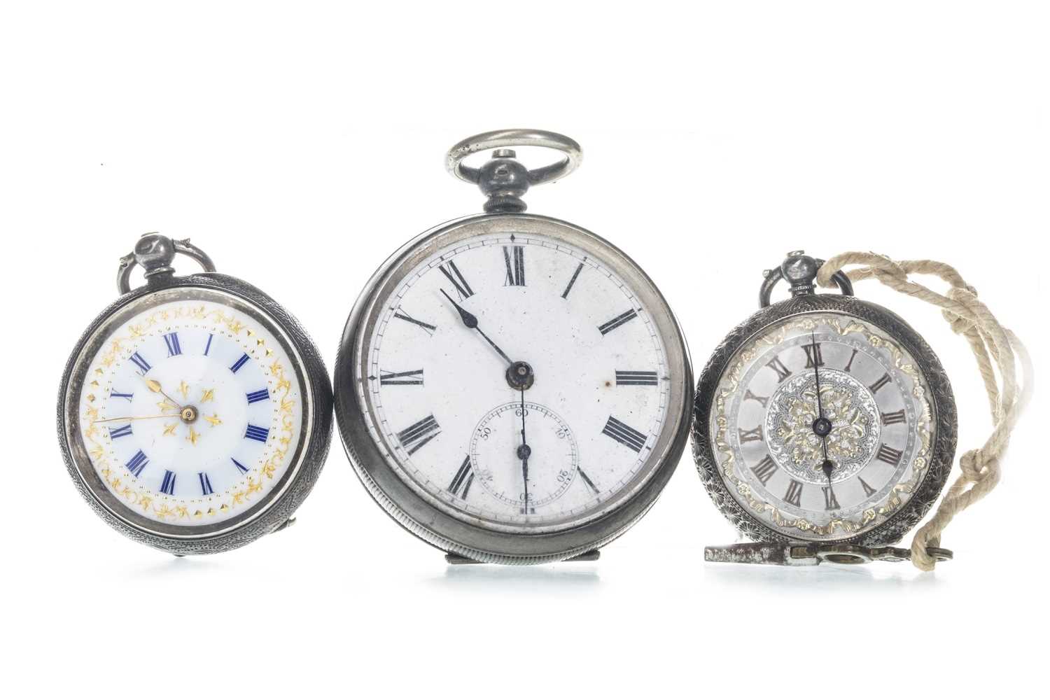 Lot 716 - A CONTINENTAL SILVER OPEN FACE POCKET WATCH AND TWO FOB WATCHES