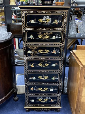 Lot 191 - A REPRODUCTION BLACK LACQUERED UPRIGHT CHEST