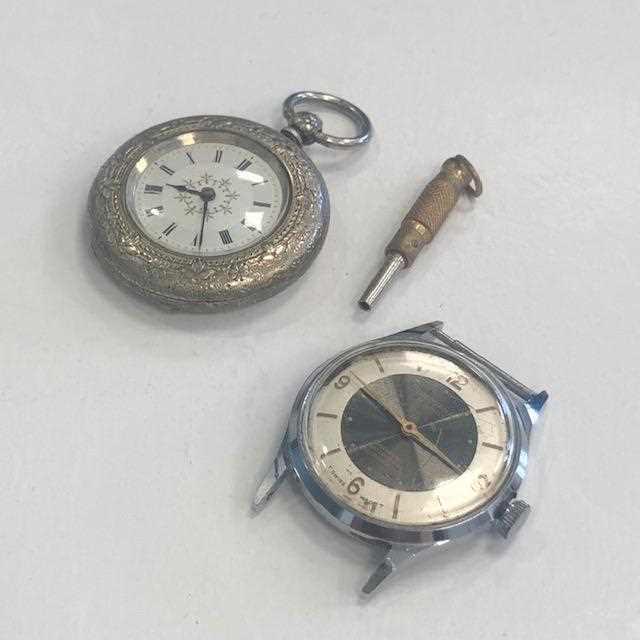 Lot 10 - AN ART DECO SILVER AND ENAMEL COMPACT AND TWO WATCHES