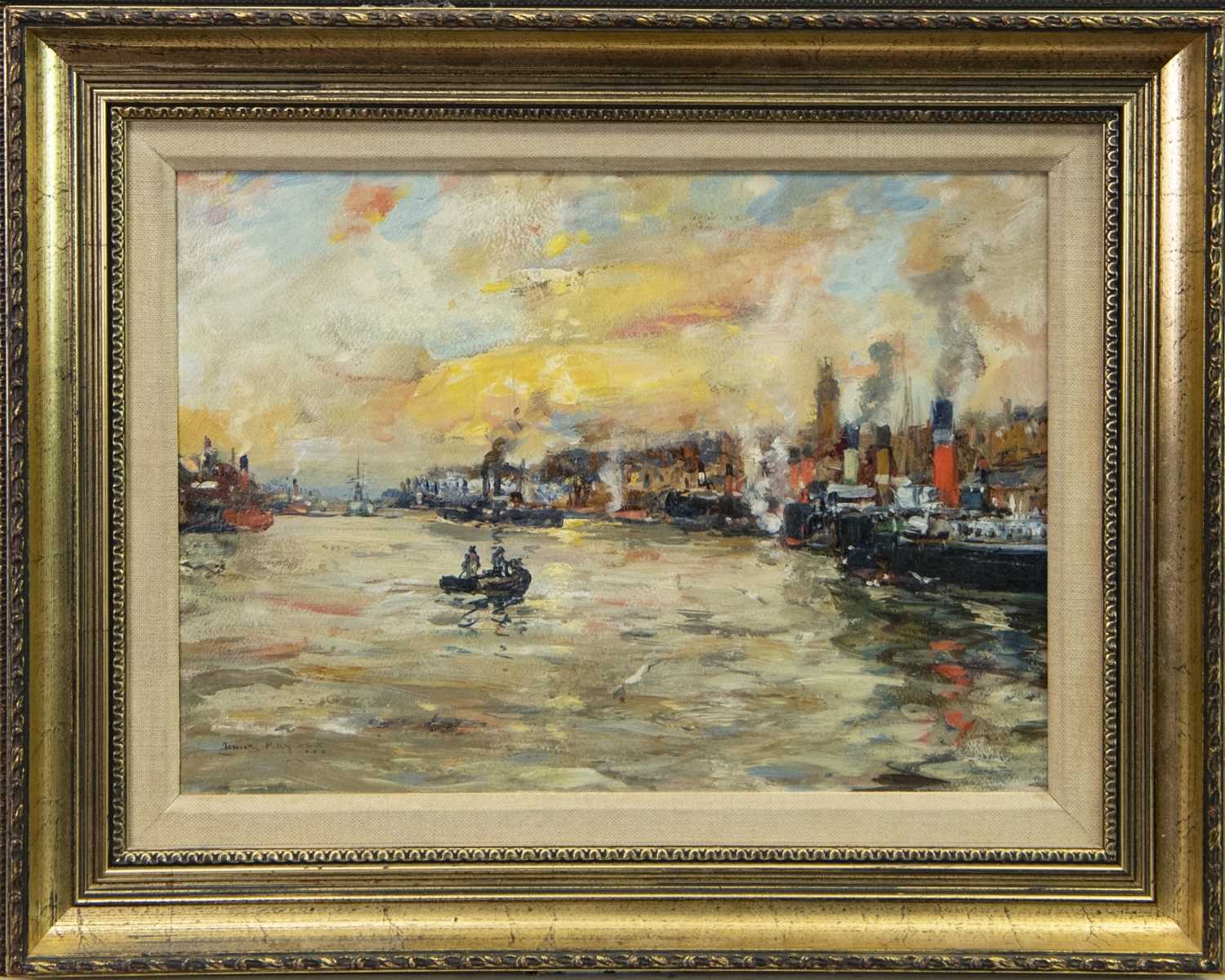 Lot 44 - SUNSET, THE CLYDE, AN OIL BY JAMES KAY