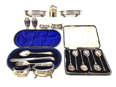 Lot 407 - A LOT OF TWO CASE SILVER SETS ALONG WITH CRUETS