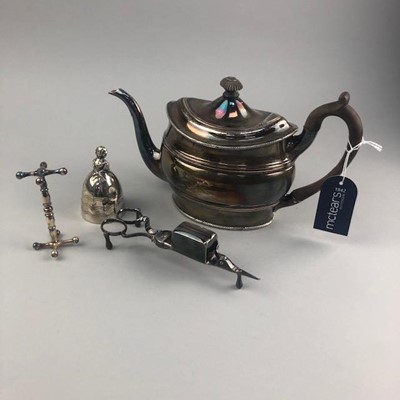 Lot 45 - AN OLD SHEFFIELD PLATE TEAPOT ALONG WITH OTHER PLATED WARE