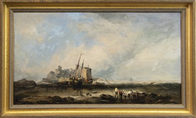 Lot 81 - SAILING SHIP AND FIGURES ON A SHORE, AN OIL