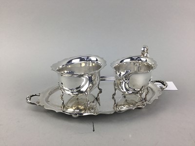 Lot 49 - A SILVER PLATED SUGAR AND CREAM ALONG WITH OTHER PLATED WARE