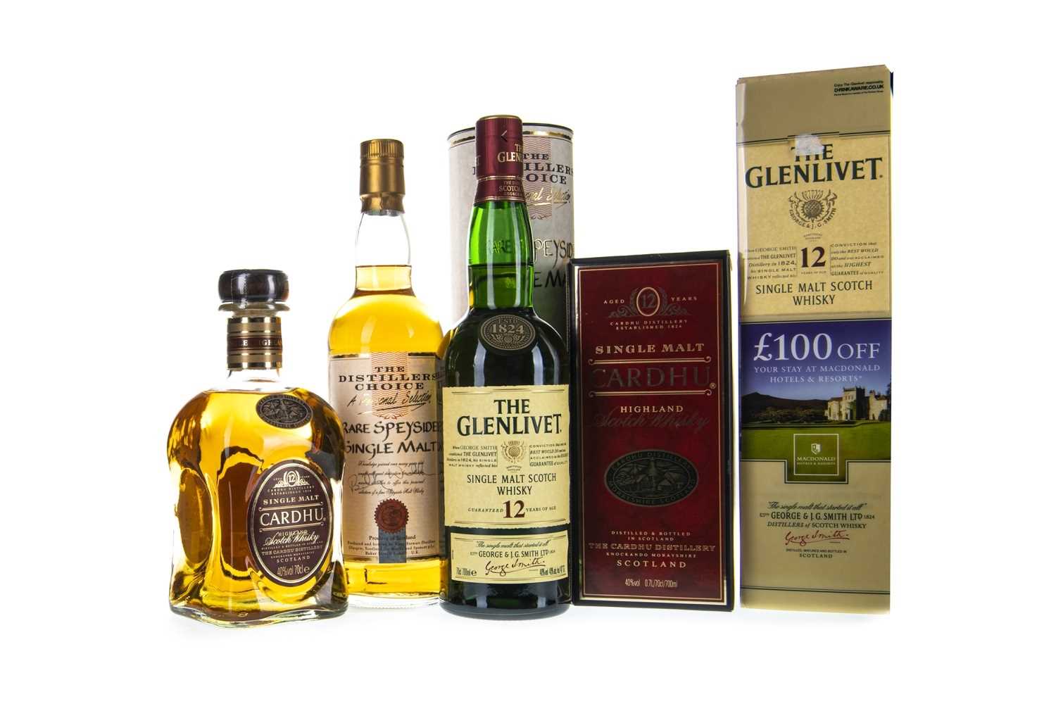 Lot 322 - GLENLIVET 12 YEARS OLD, CARDHU AGED 12 YEARS AND THE DISTILLER'S CHOICE