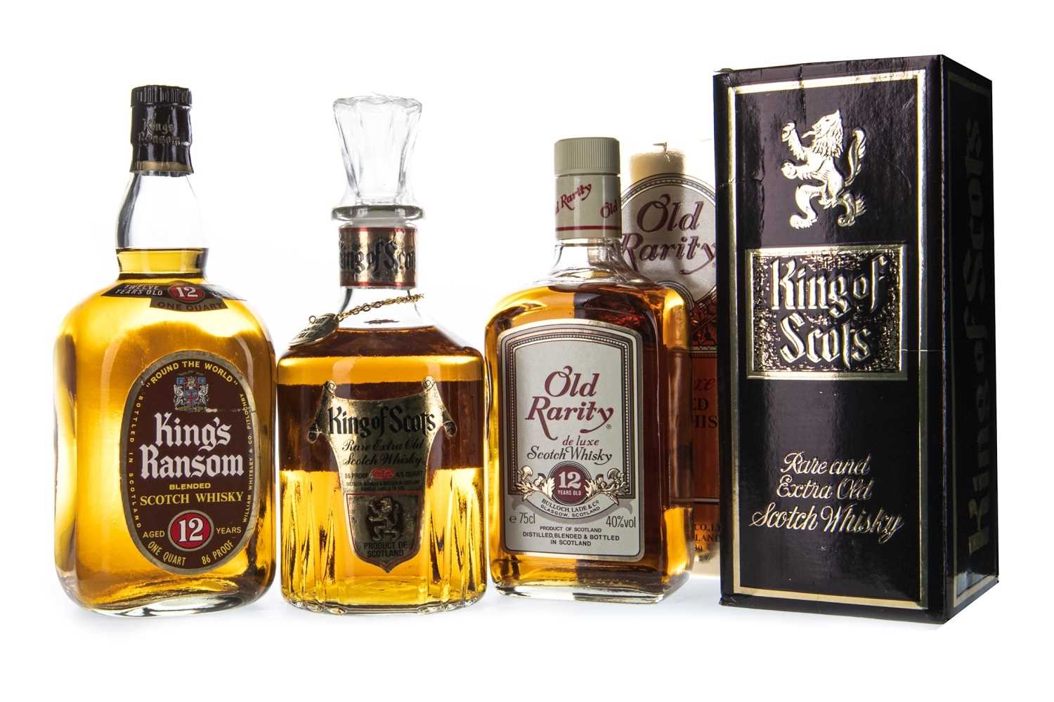Lot 416 - KING'S RANSOM AGED 12 YEARS, OLD RARITY 12 YEARS, AND KING OF SCOTS RARE EXTRA OLD