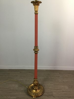 Lot 1279 - A GILTWOOD AND CRIMSON PAINTED FLOOR LAMP