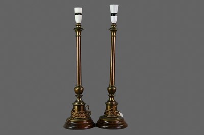 Lot 1270 - A PAIR OF BRASS CANDLESTICK TABLE LAMPS
