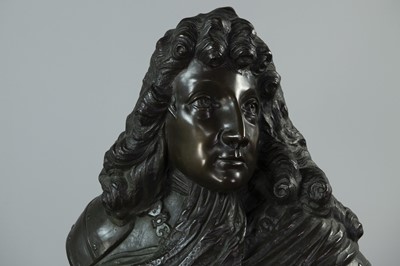 Lot 1344 - A 19TH CENTURY BRONZE BUST OF  LOUIS XIV