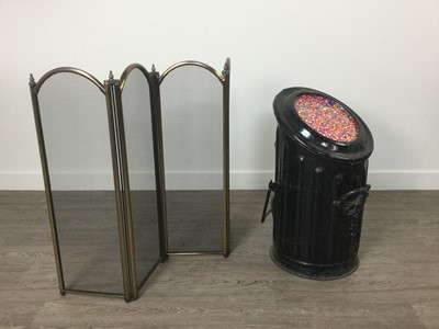 Lot 1435 - A VICTORIAN LACQUERED METAL COAL SCUTTLE AND A FOLDING FIRESCREEN