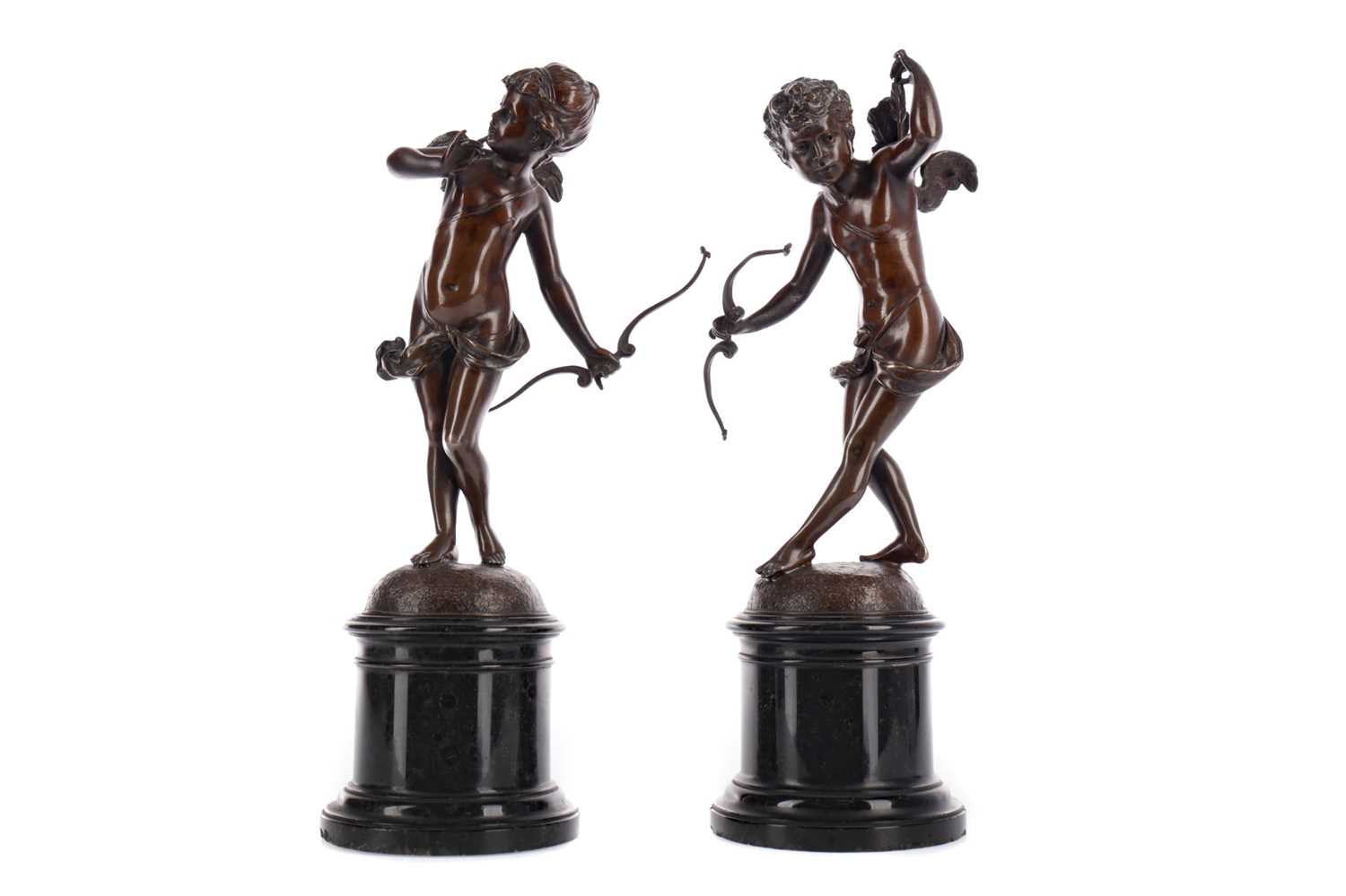 Lot 1433 - A PAIR OF LATE 19TH CENTURY BRONZE FIGURES OF CUPID WITH A BOW