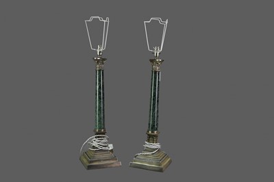 Lot 1431 - A PAIR OF GREEN MARBLE AND SILVER PLATED CORINTHIAN COLUMN TABLE LAMPS