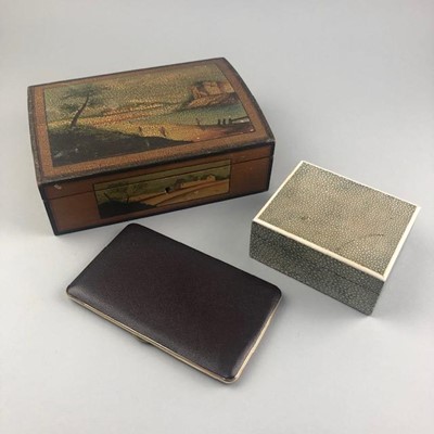 Lot 228 - A SHAGREEN CIGARETTE BOX, A WOOD CIGAR BOX AND A CIGARETTE CASE