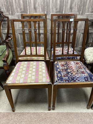 Lot 278 - A PAIR OF MAHOGANY SINGLE CHAIRS, ANOTHER CHAIR AND AN OTTOMAN