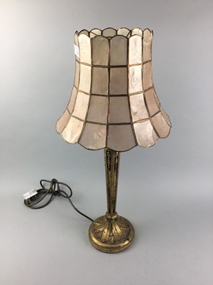 Lot 281 - A GILT TABLE LAMP WITH AN OPAQUE SHADE