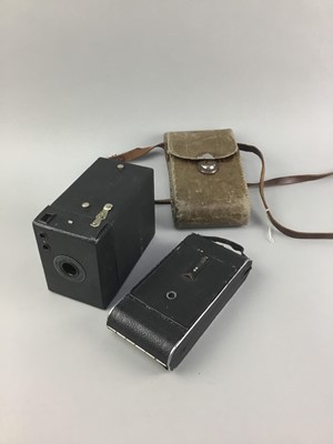 Lot 52 - A BROWNIE JUNIOUR NO2 CAMERA, ANOTHER CAMERA AND A WALKING STICK