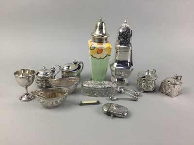 Lot 54 - A VESTA CASE, SILVER MUSTARDS POTS, TWO SUGAR CASTERS AND A LIDDED BOX