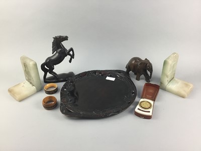 Lot 144 - A TWIN HANDLED CARVED WOOD TRAY AND OTHER ITEMS